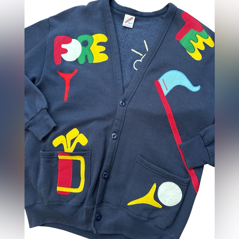 Vintage Jerzees Men’s/Unisex Golf Embroidered Cardigan Navy Blue One Size Retro‎